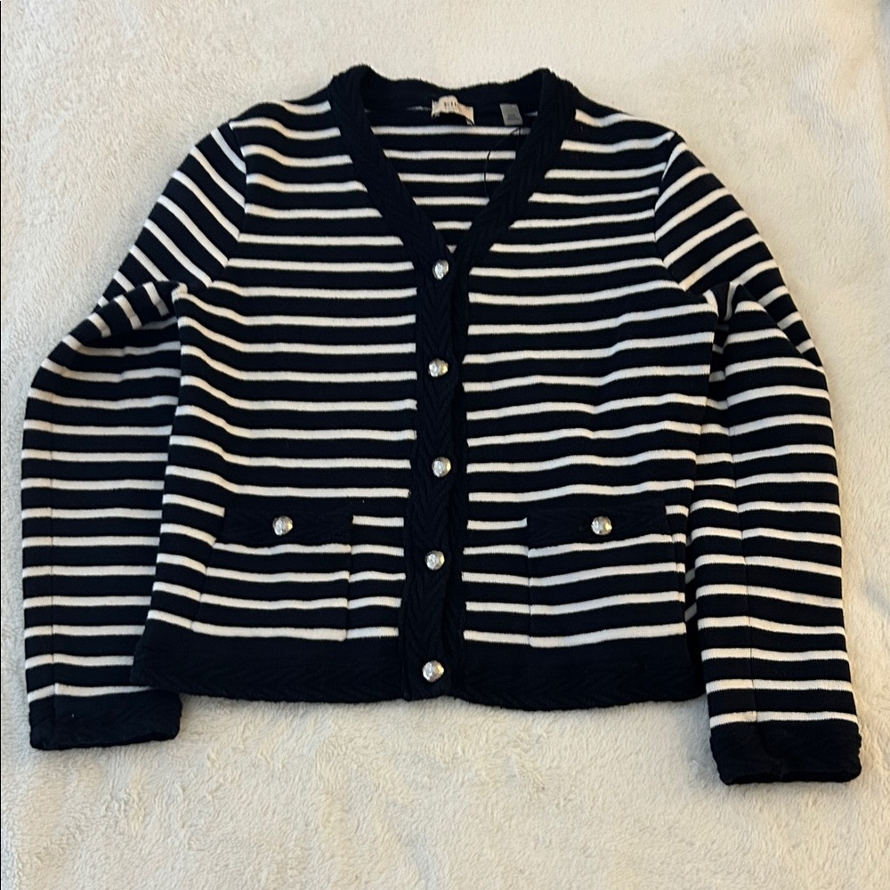 Tahari Navy and White Striped Cardigan